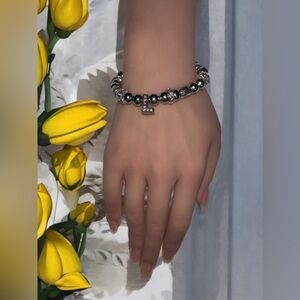 “L” Silver Tone Beaded Crystal Bracelet